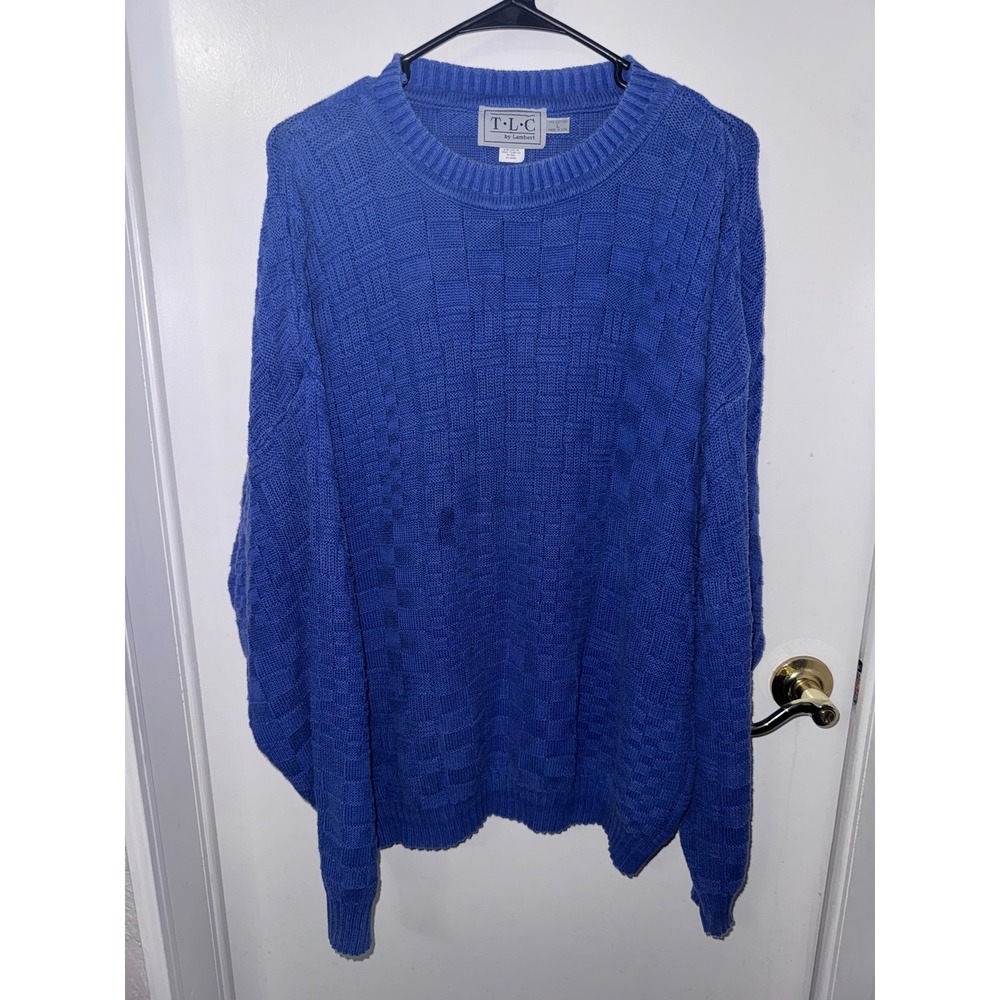 TLC by Lambert Vintage Blue Cotton Knit Sweater Basketweave Crewneck Made in USA